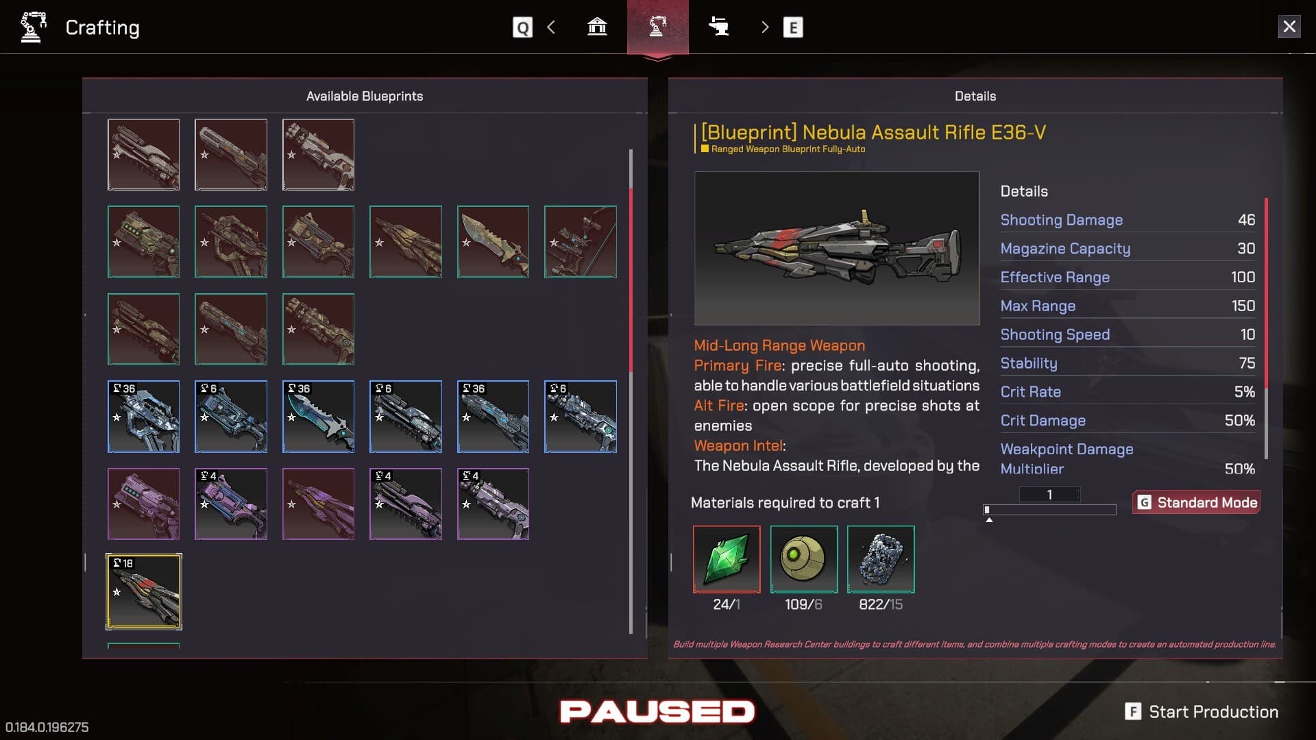 The Pax Autocratica crafting interface displaying a ranged weapon