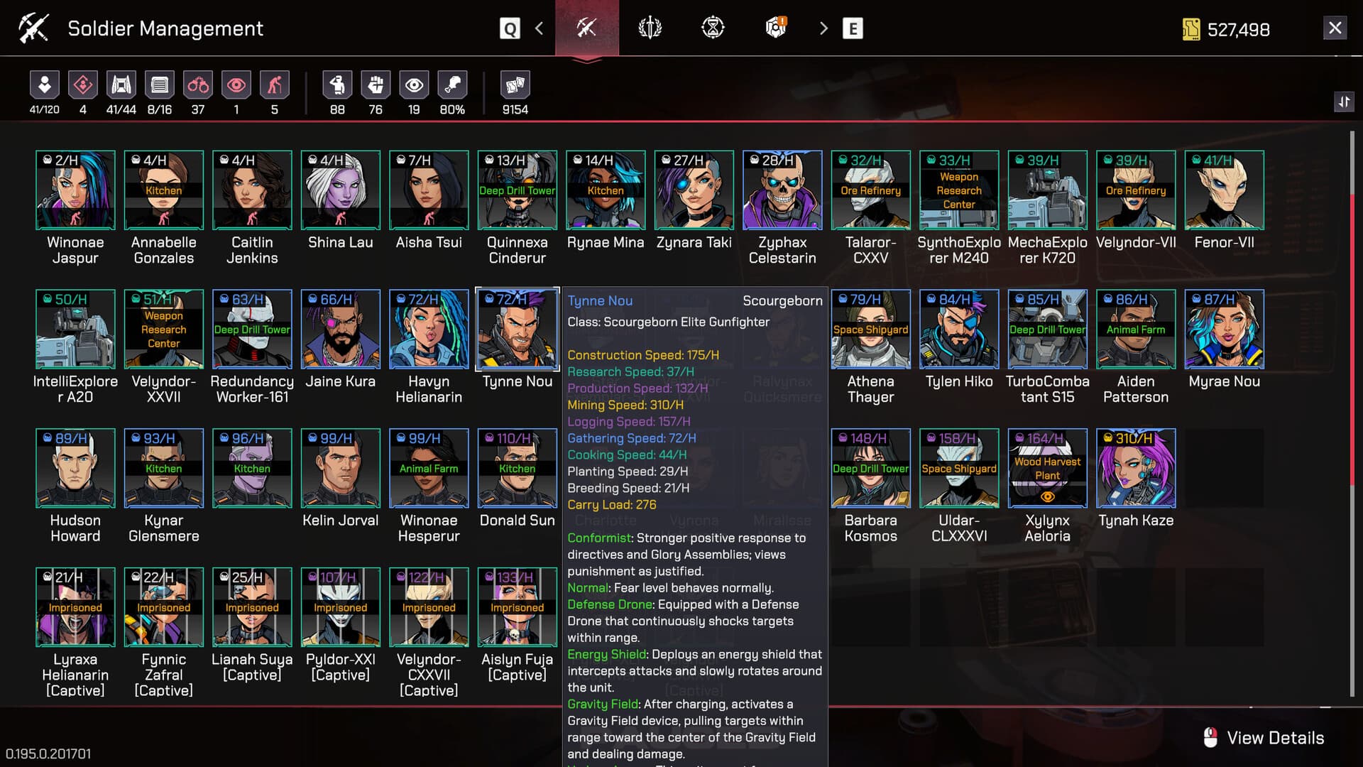 The Pax Autocratica soldier management screen with a large roster